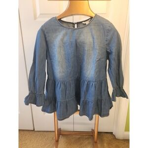 Cato C Est 1946 Womens 3/4 Sleeve Denim Blouse Sz Small Ruffled Hem
